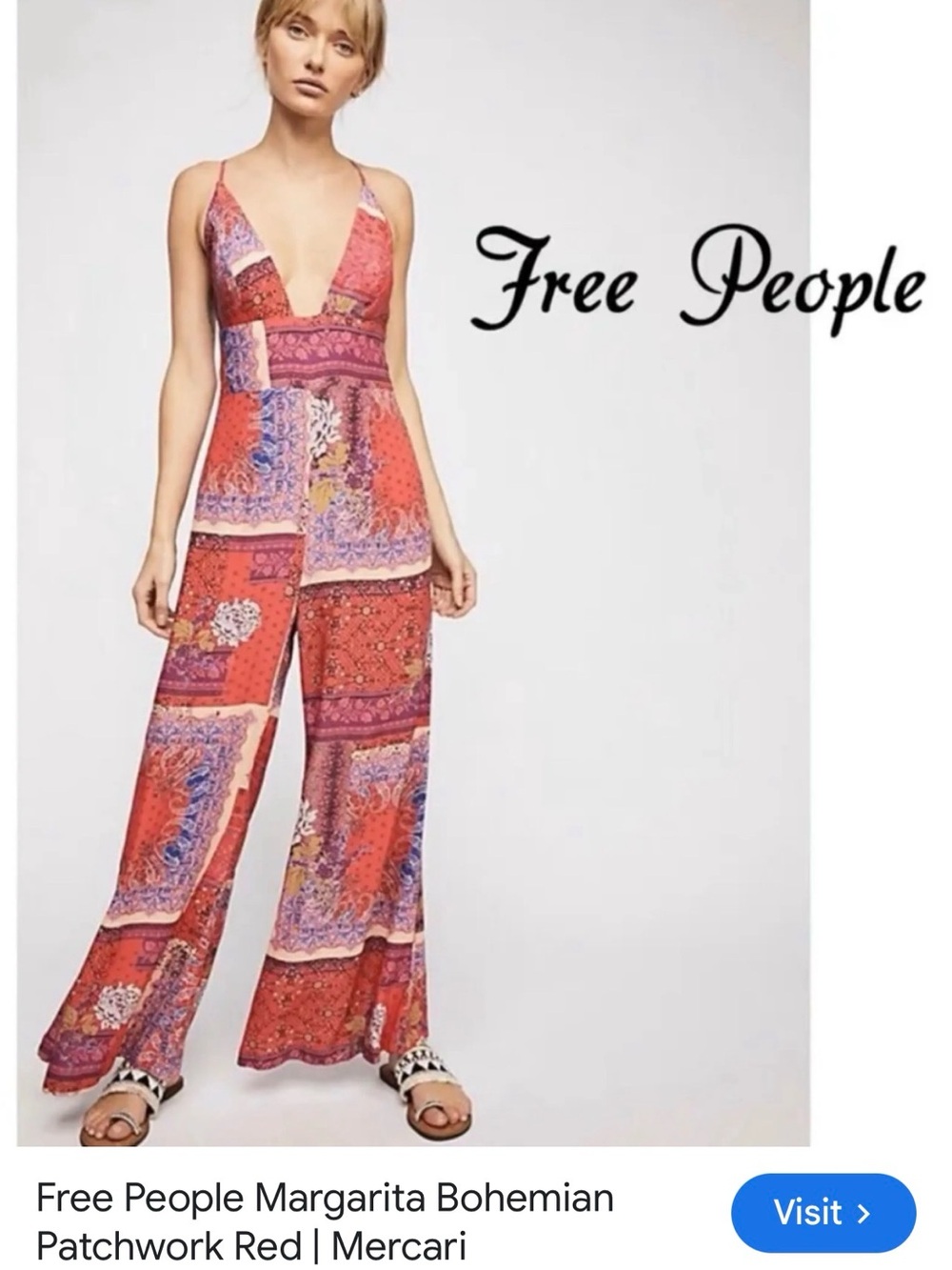 Free People Red Patchwork V‑Neck Wide‑Leg Jumpsuit